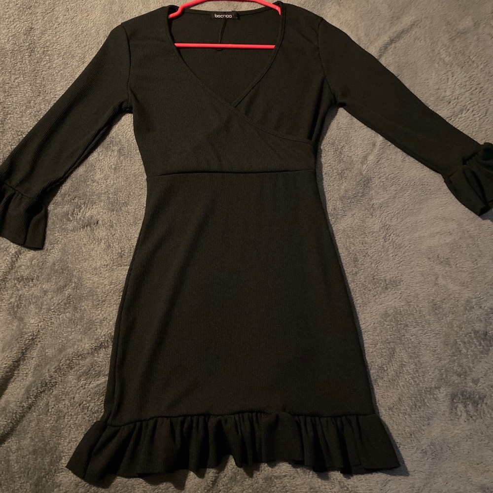 Black Ruffled Cross Front Mini Dress